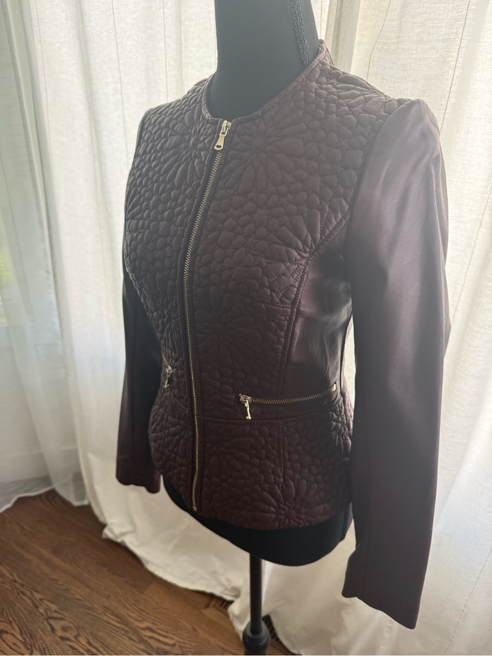 French Connection Quilted Leather Jacket in Dark Brown
